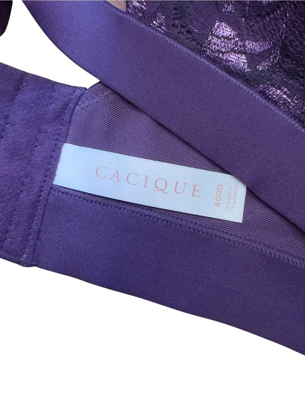 Cacique Purple Lace Wireless Comfort Bra 40DD Shimmer Floral Full Coverage EUC